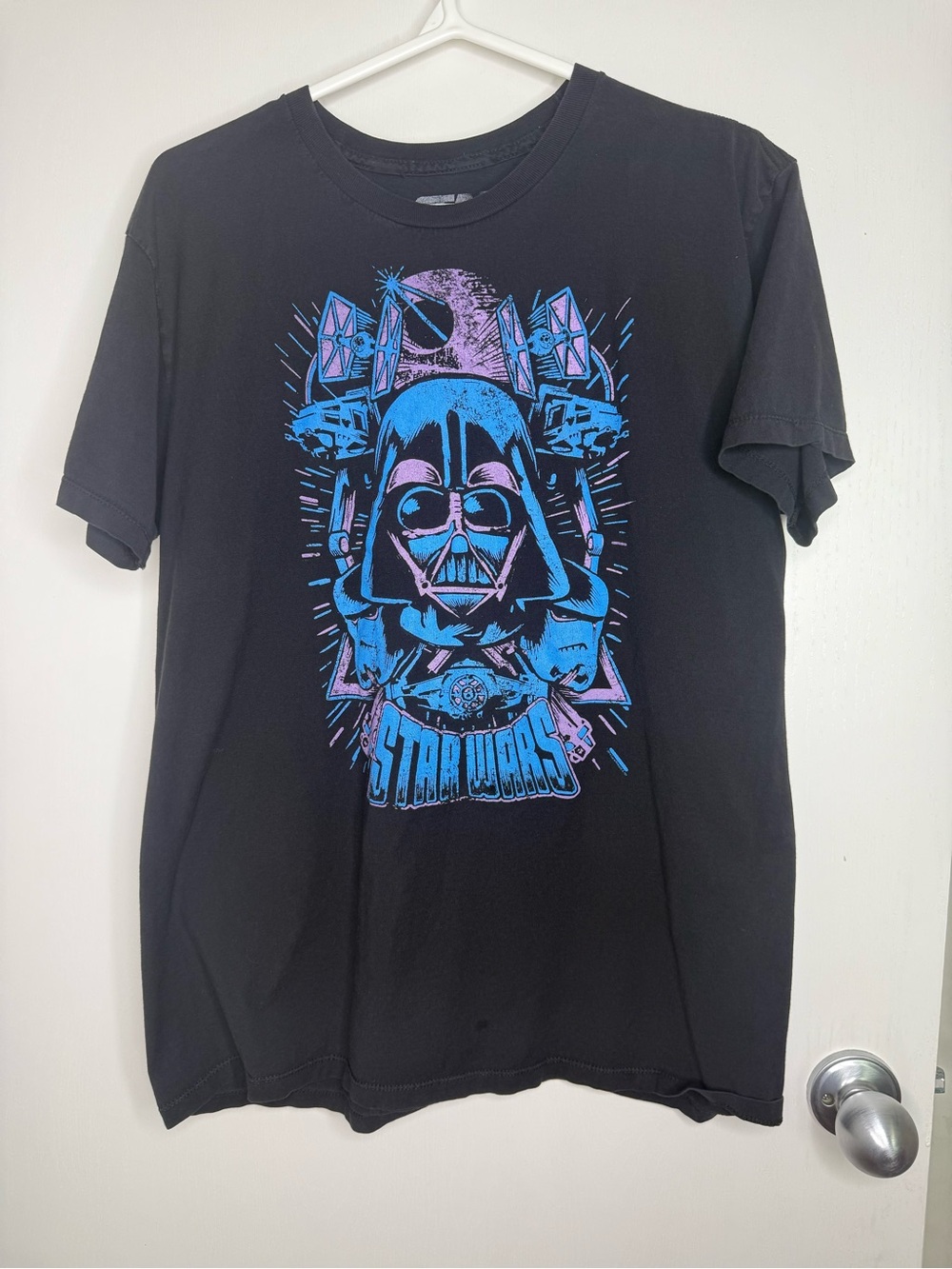 Star Wars Black Tee with Blue & Purple Darth Vader Graphic Mad Engine Large